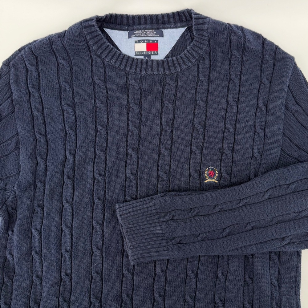Tommy Hilfiger Men's Navy Blue Cable Knit Cotton Crew Neck Sweater Large Vintage
